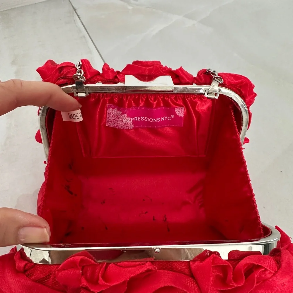 Red Floral Evening Bag with Chain Strap